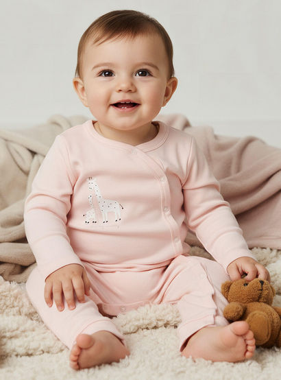 Pack of 3 Juniors Cotton Round Neck Long Sleeves Sleepsuit with Giraffe Print-baby-girls-clothing-nightwear-sleepsuits-image-2