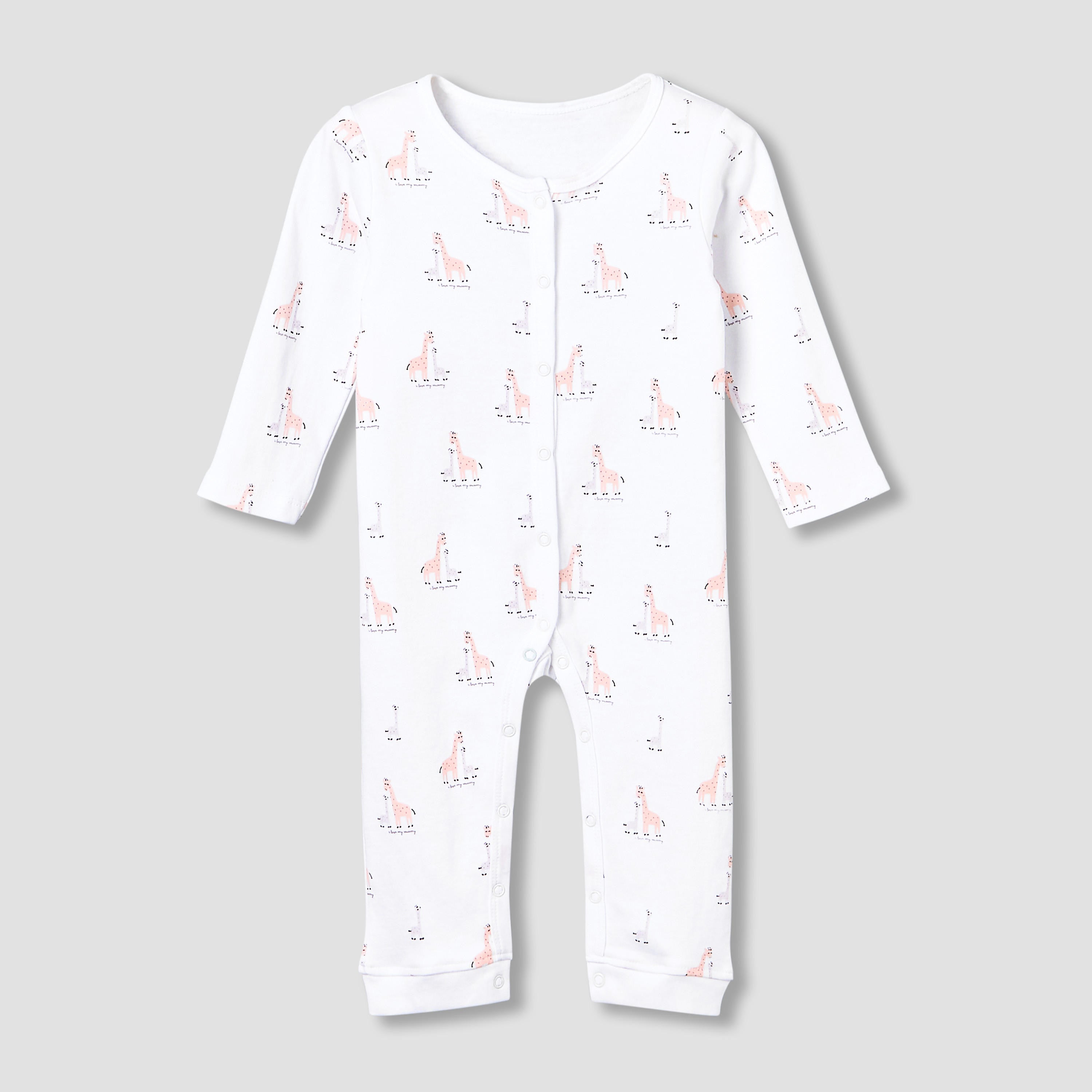 Pack of 3 Juniors Cotton Round Neck Long Sleeves Sleepsuit with Giraffe Print