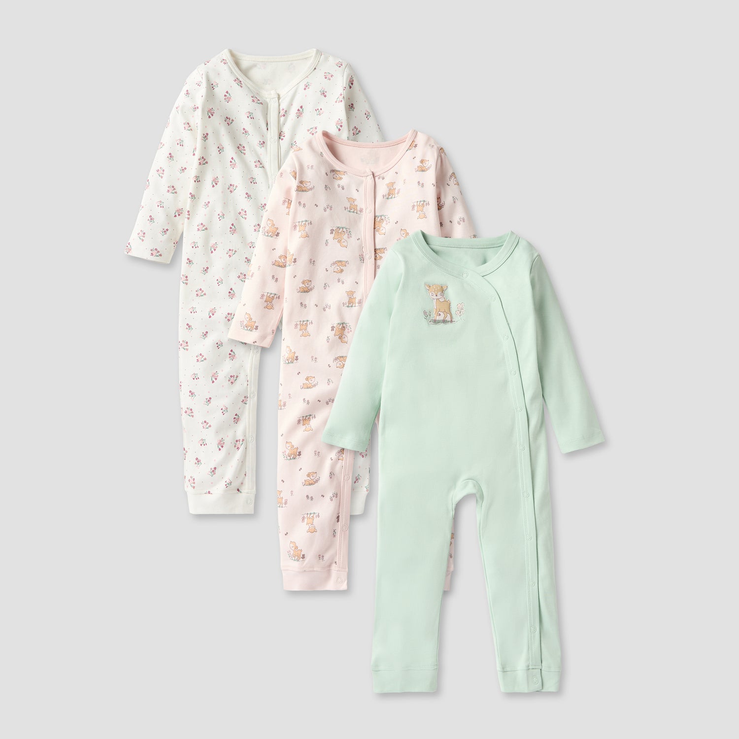 Juniors Printed Sleepsuit with Button Closure and Long Sleeves - Set of 3 - Multicolour / 12-18 mths