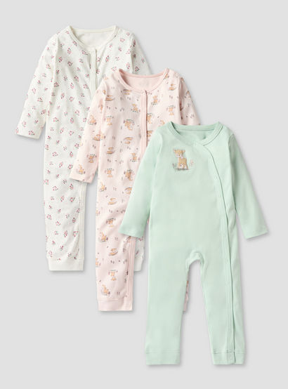 Juniors Printed Sleepsuit with Button Closure and Long Sleeves - Set of 3-baby-girls-clothing-nightwear-sleepsuits-image-1