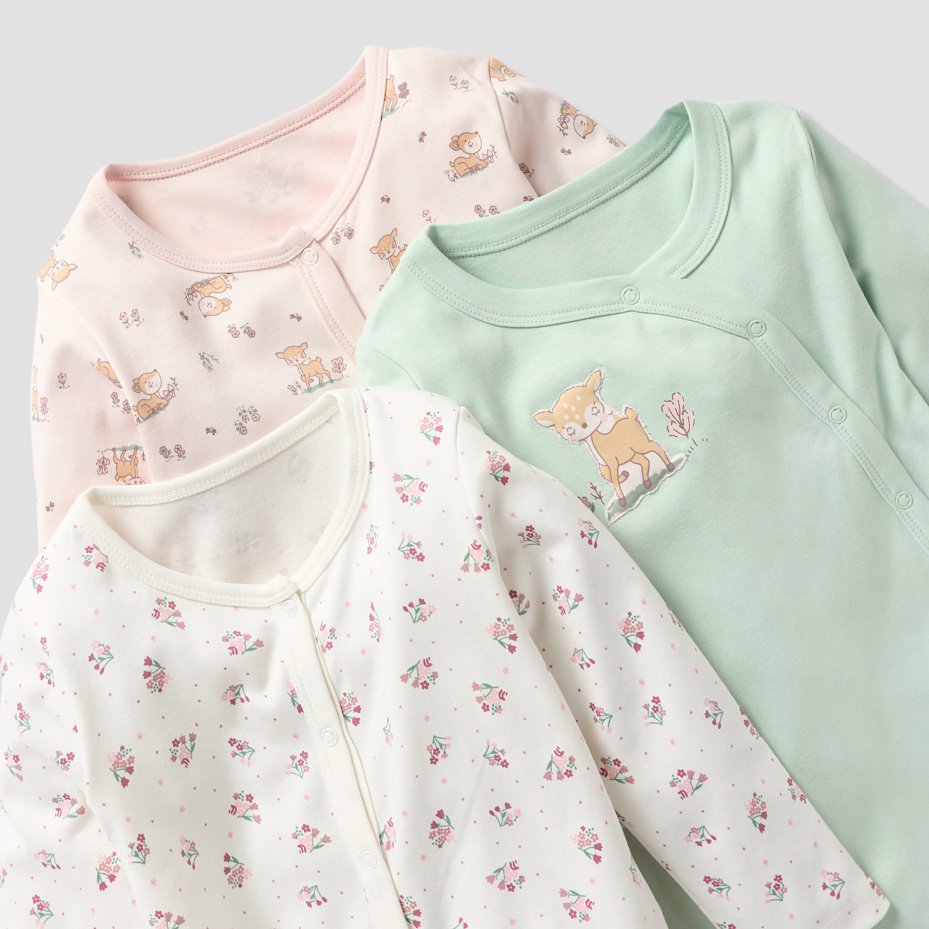 Juniors Printed Sleepsuit with Button Closure and Long Sleeves - Set of 3