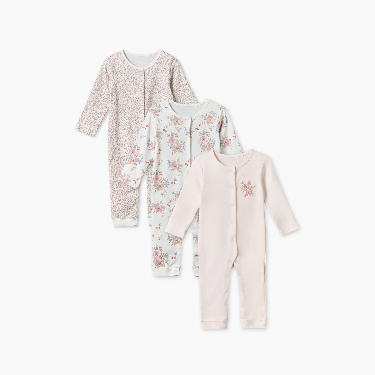 Pack of 3 Juniors Round Neck Long Sleeves Sleepsuit with Floral Print