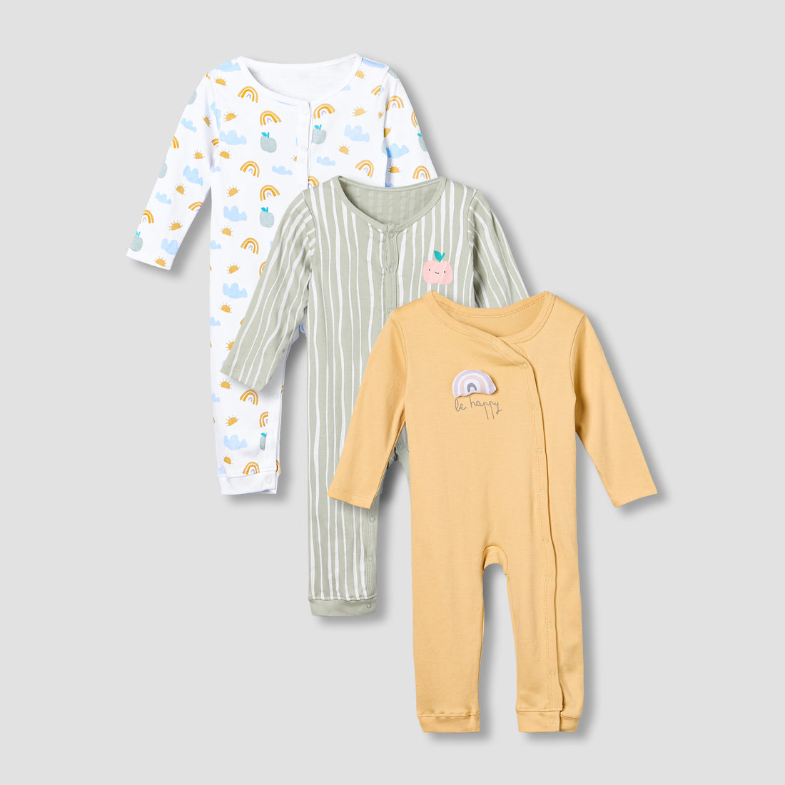 Pack of 3 Juniors Cotton Round Neck Long Sleeves Sleepsuit with Fun Print - Multicolour / 12-18 mths