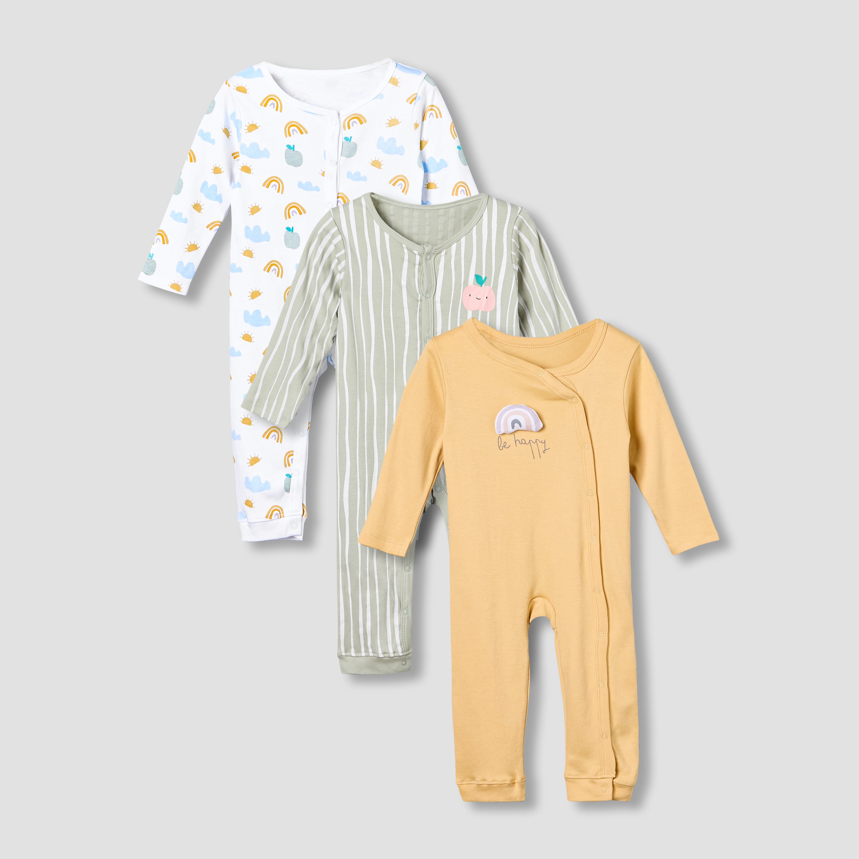 Pack of 3 Juniors Cotton Round Neck Long Sleeves Sleepsuit with Fun Print - Multicolour / 12-18 mths