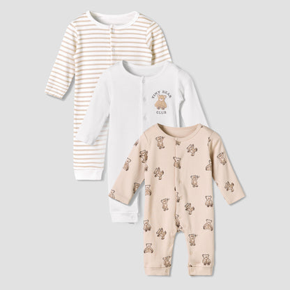 Pack of 3 Juniors Cotton Round Neck Long Sleeve Sleepsuit with Snap Button Closure