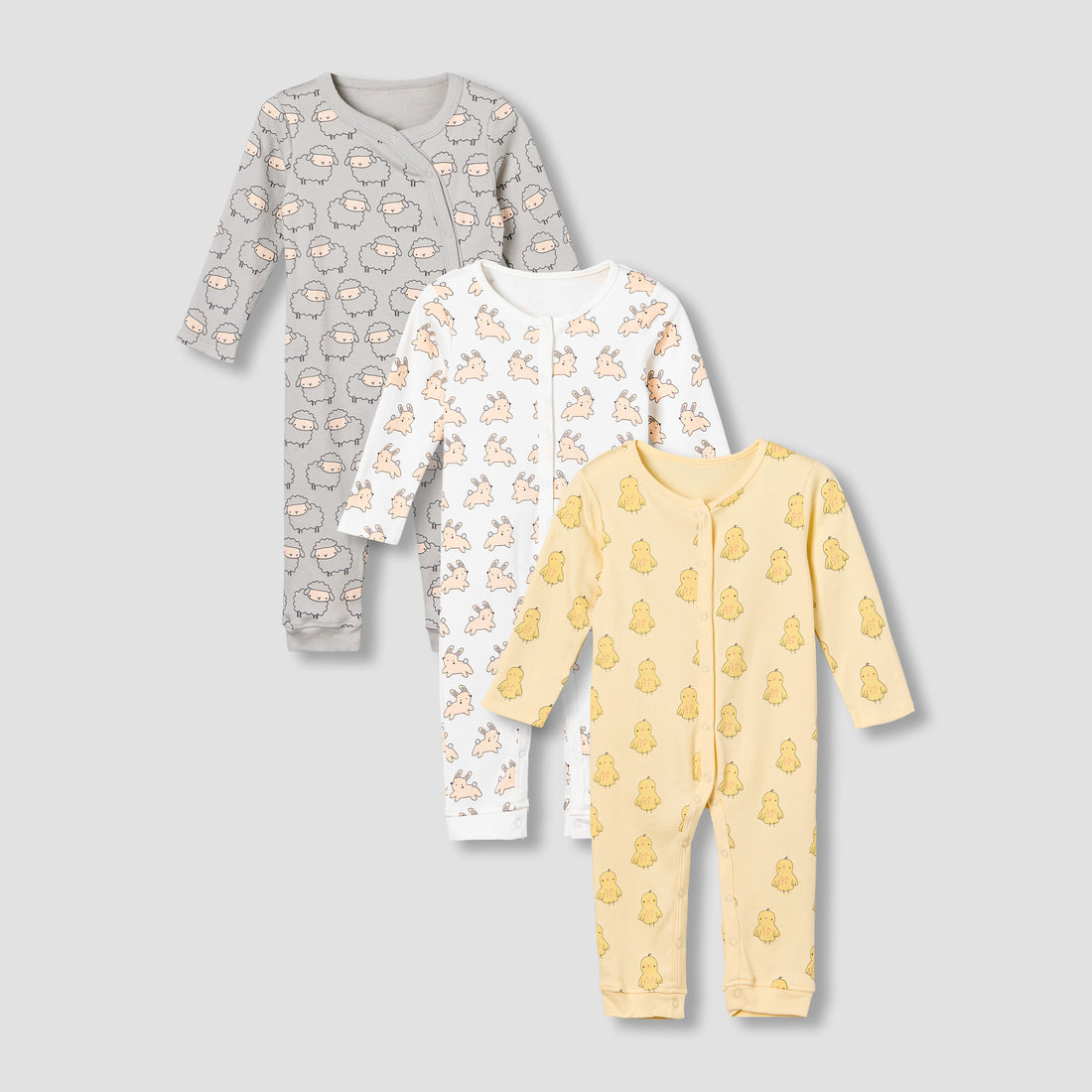 Pack of 3 Juniors Cotton Round Neck Long Sleeves Sleepsuit with Animal Print - Multicolour / 12-18 mths