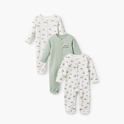 Pack of 3 Juniors Cotton Crew Neck Long Sleeves Sleepsuit with Construction Vehicle Print