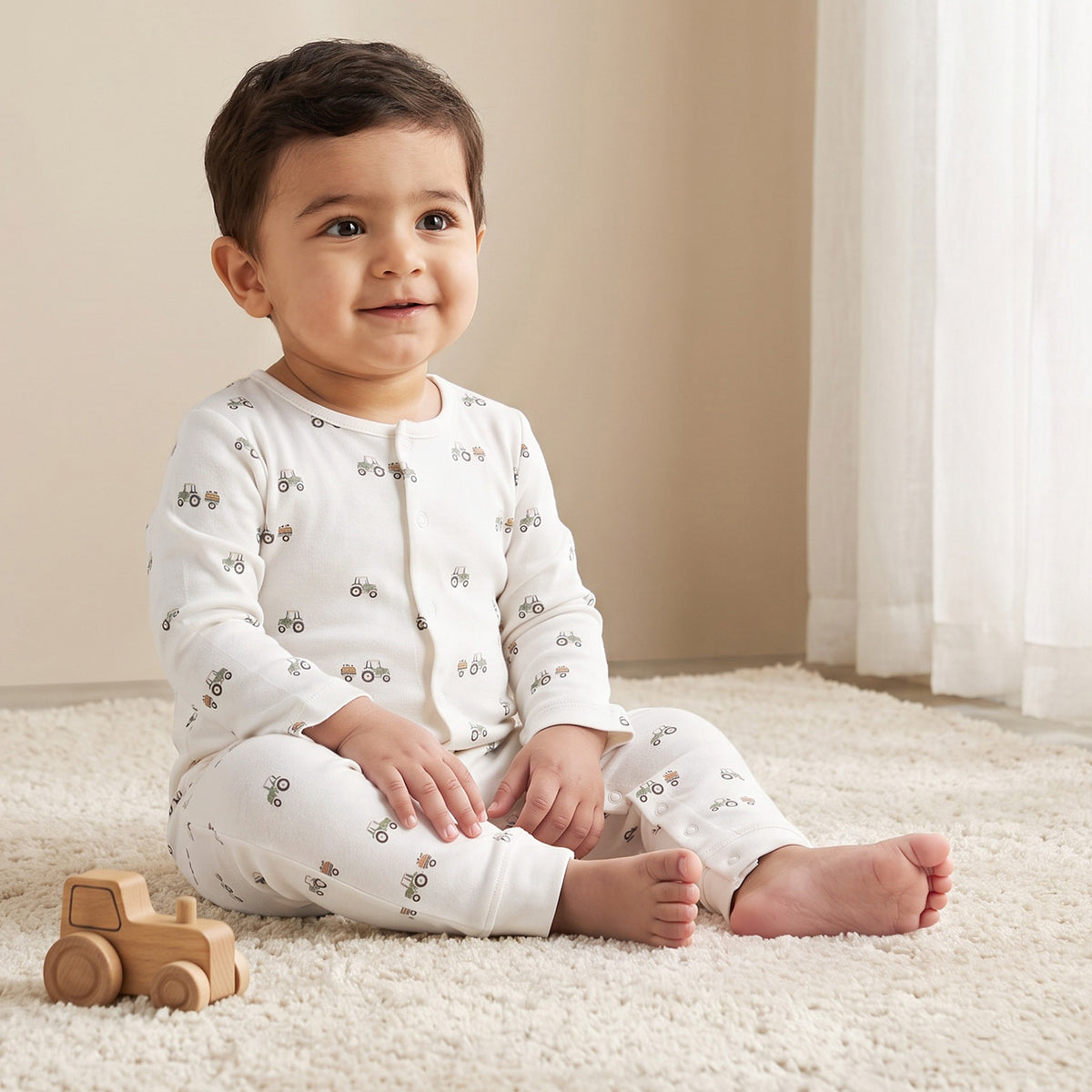 Pack of 3 Juniors Cotton Crew Neck Long Sleeves Sleepsuit with Construction Vehicle Print