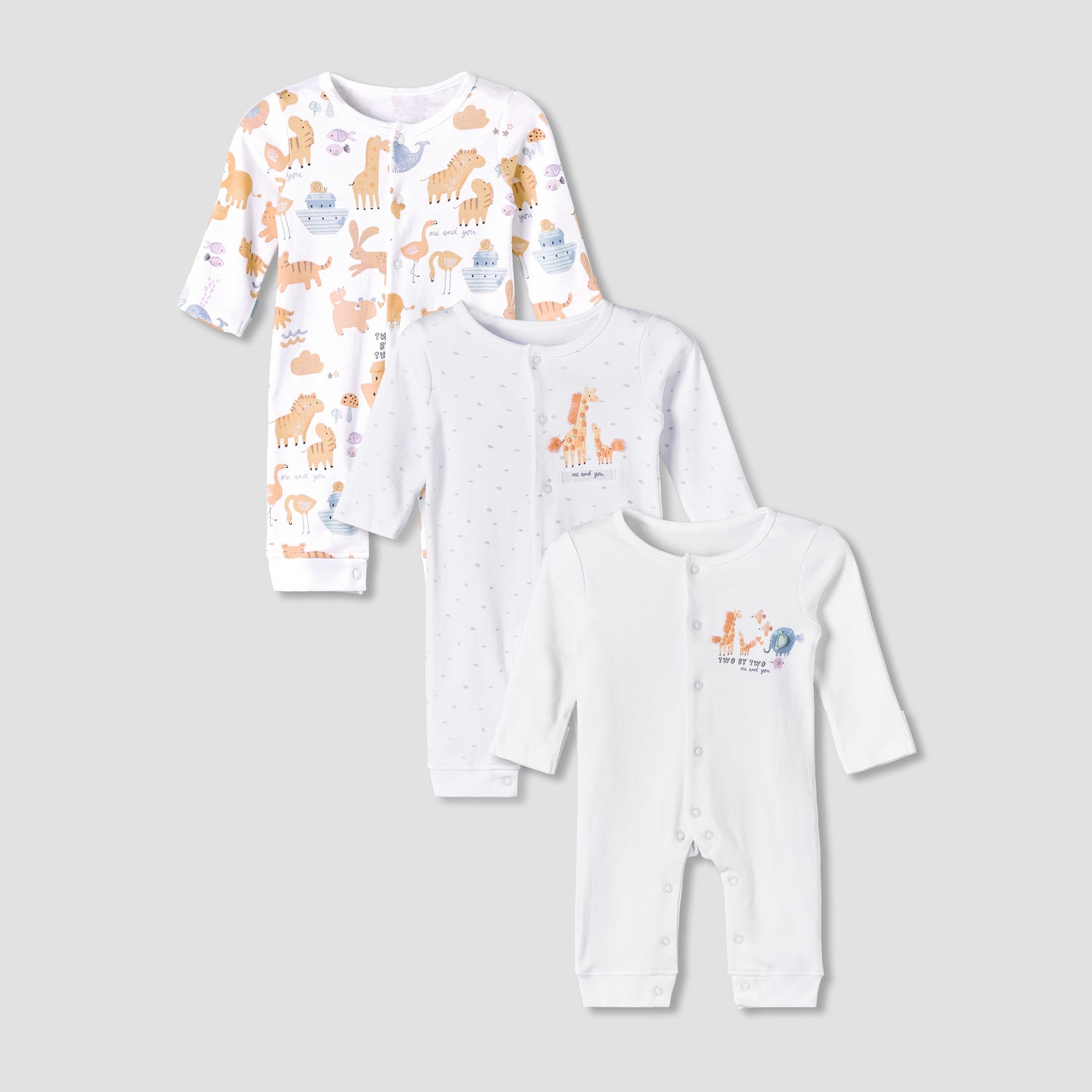 Pack of 3 Juniors Cotton Long Sleeve Sleepsuit with Safari Print - White / 12-18 mths