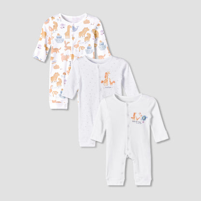 Pack of 3 Juniors Cotton Long Sleeve Sleepsuit with Safari Print - White / 12-18 mths
