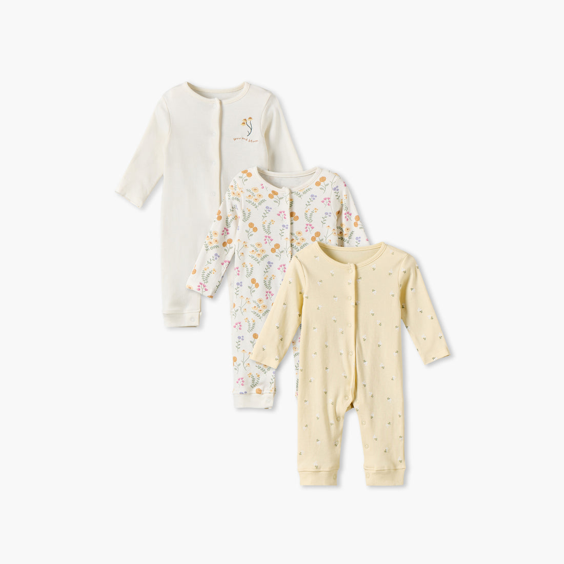 Pack of 3 Juniors Cotton Crew Neck Long Sleeves Sleepsuit with Floral Print - Yellow / 12-18 mths