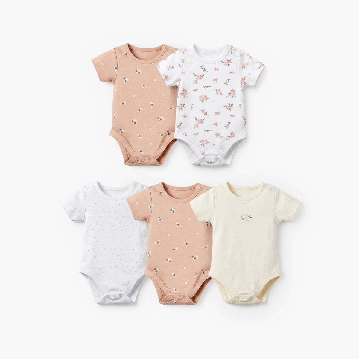 Pack of 5 Juniors Cotton Crew Neck Short Sleeves Bodysuit with Assorted Prints