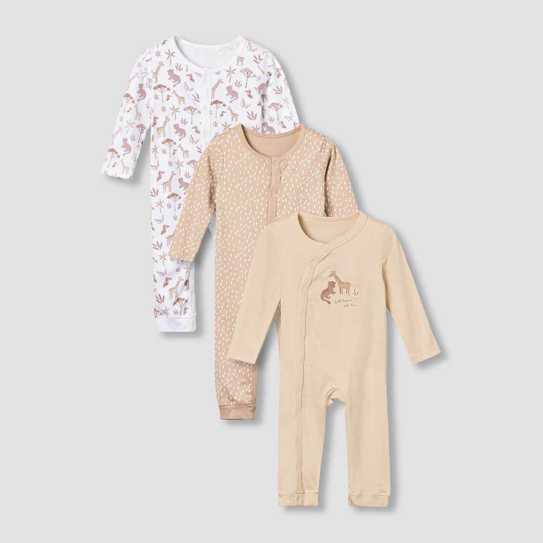 Pack of 3 Juniors Cotton Round Neck Long Sleeves Sleepsuit with Safari Print - Multicolour / 12-18 mths