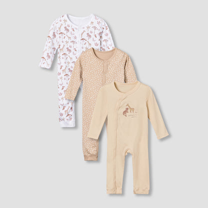 Pack of 3 Juniors Cotton Round Neck Long Sleeves Sleepsuit with Safari Print - Multicolour / 12-18 mths