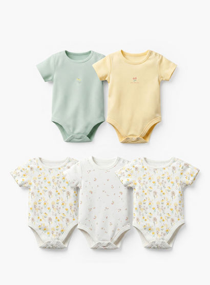 Pack of 5 Juniors Cotton Crew Neck Short Sleeves Bodysuit with Floral Print-baby-girls-clothing-bodysuits-image-1