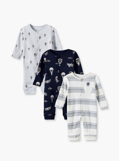 Pack of 3 Juniors Cotton Crew Neck Long Sleeves Sleepsuit with Hot Air Balloon Print-baby-boys-clothing-nightwear-sleepsuits-image-1