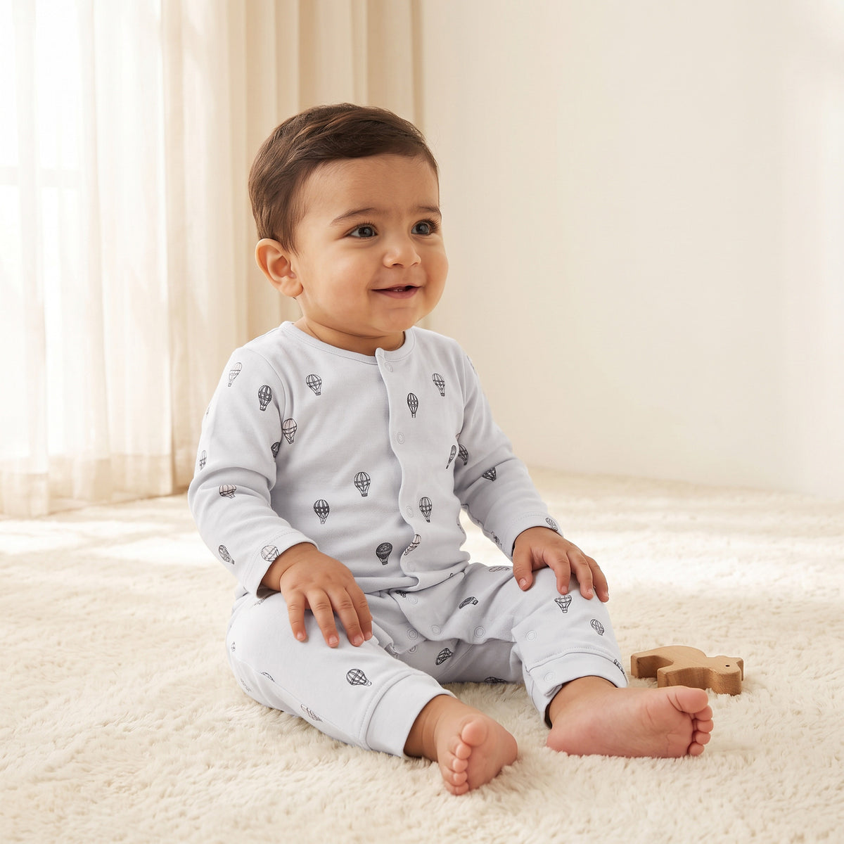 Pack of 3 Juniors Cotton Crew Neck Long Sleeves Sleepsuit with Hot Air Balloon Print