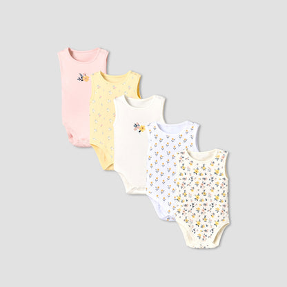 Pack of 5 Juniors Cotton Round Neck Sleeveless Bodysuit with Floral Print - Multicolour / 12-18 mths