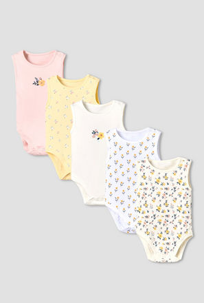 Pack of 5 Juniors Cotton Round Neck Sleeveless Bodysuit with Floral Print