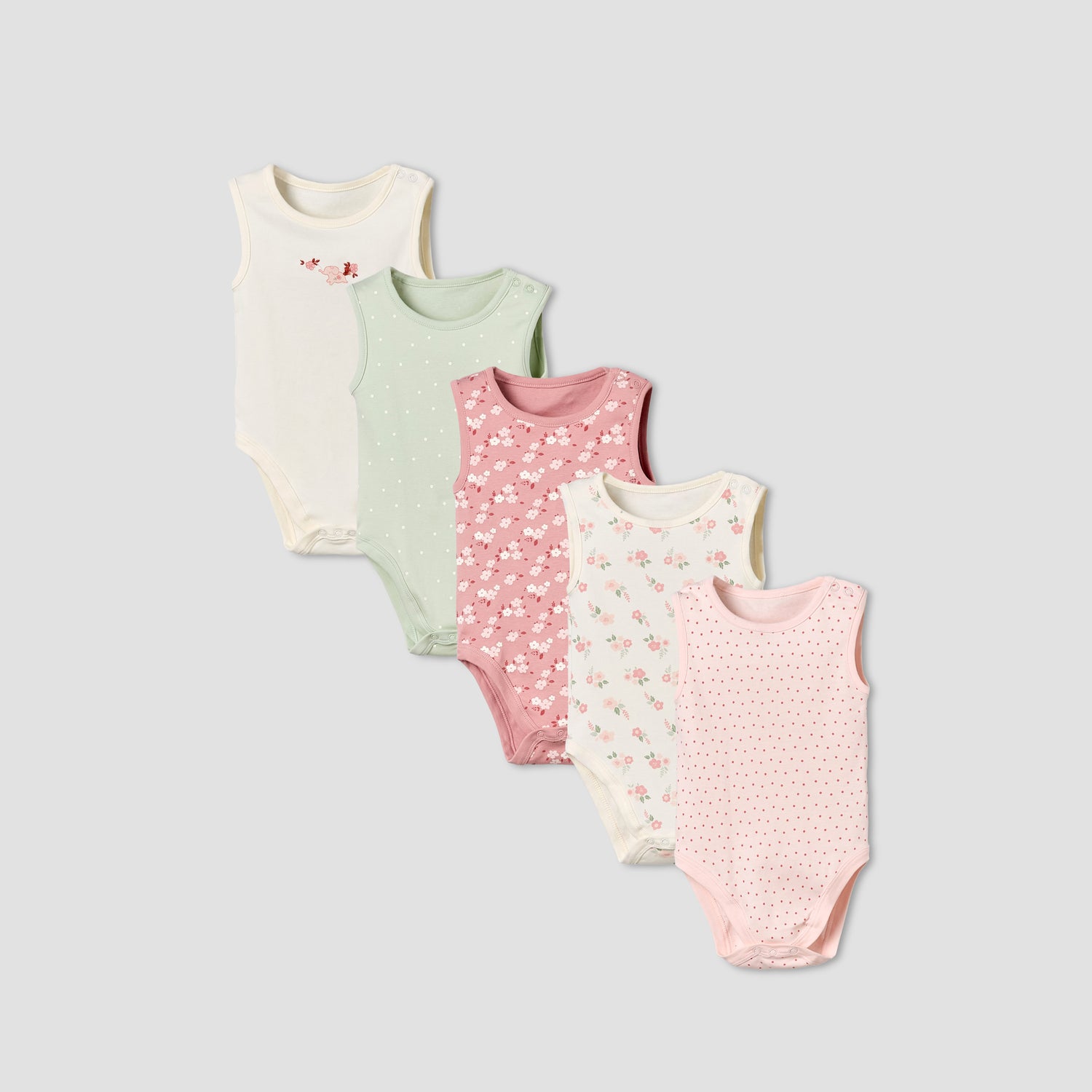 Pack of 5 Juniors Cotton Round Neck Sleeveless Bodysuit with Print - Multicolour / 12-18 mths