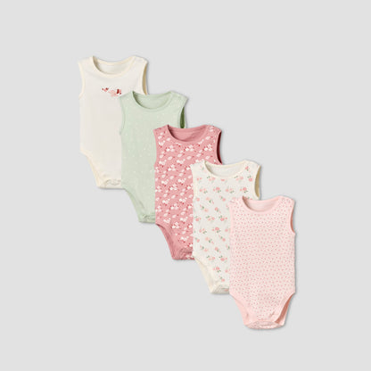 Pack of 5 Juniors Cotton Round Neck Sleeveless Bodysuit with Print
