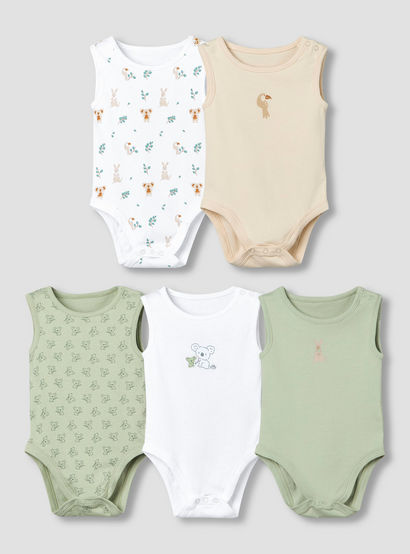 Pack of 5 Juniors Round Neck Sleeveless Bodysuit with Print-baby-boys-clothing-multipacks-image-1
