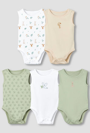 Pack of 5 Juniors Round Neck Sleeveless Bodysuit with Print