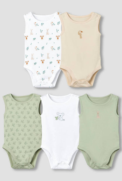 Pack of 5 Juniors Round Neck Sleeveless Bodysuit with Print