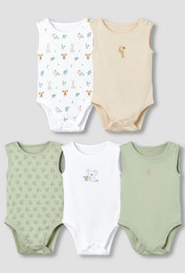 Pack of 5 Juniors Round Neck Sleeveless Bodysuit with Print-undefined-image-1