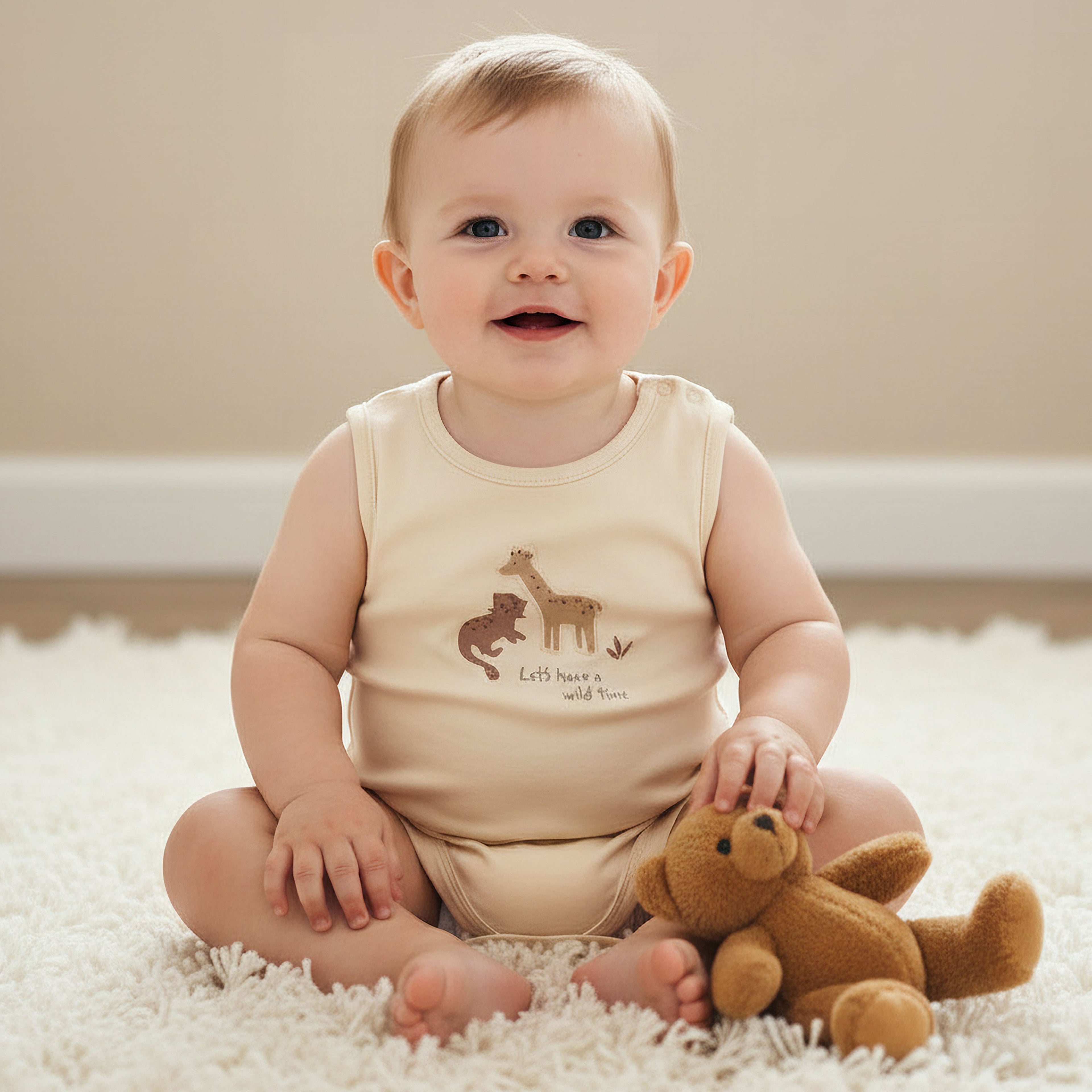 Pack of 5 Juniors Cotton Round Neck Sleeveless Bodysuit with Giraffe Print