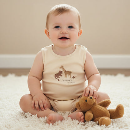 Pack of 5 Juniors Cotton Round Neck Sleeveless Bodysuit with Giraffe Print