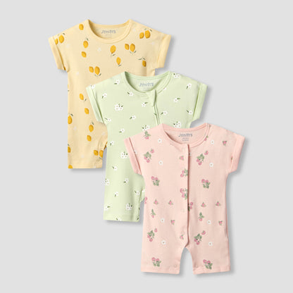Pack of 3 Juniors Crew Neck Short Sleeves Romper with Assorted Print - Multicolour / 12-18 mths