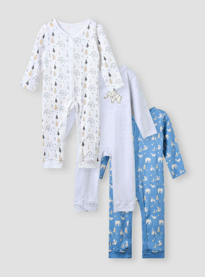 Juniors Assorted Sleepsuit with Long Sleeves and Button Closure - Set of 3-baby-boys-clothing-nightwear-sleepsuits-image-1