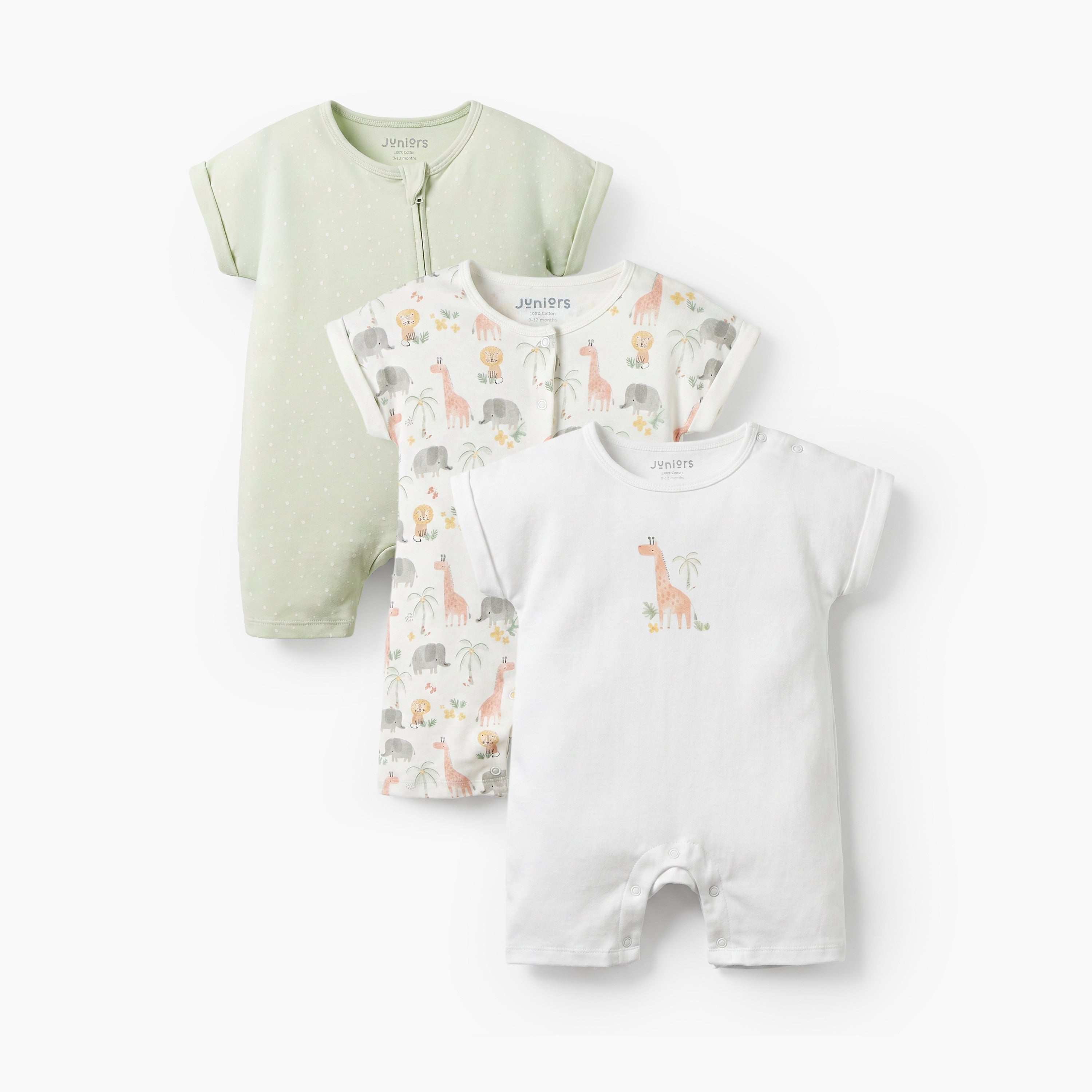 Pack of 3 Juniors Crew Neck Short Sleeves Rompers with Safari Print - Multicolour / 12-18 mths