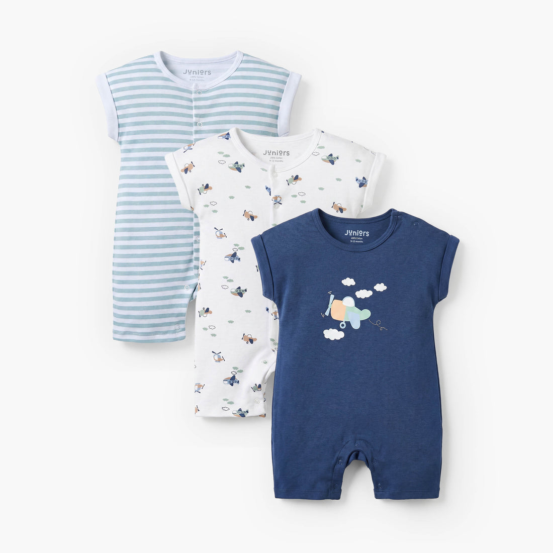 Pack of 3 Juniors Crew Neck Short Sleeves Rompers with Aeroplane Print - Blue / 12-18 mths