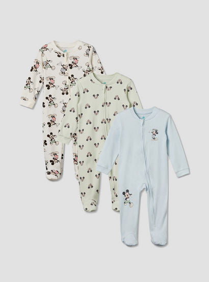 Pack of 3 Disney Cotton Mandarin Collar Long Sleeve Sleepsuit with Mickey Mouse Print-baby-boys-clothing-nightwear-sleepsuits-image-1