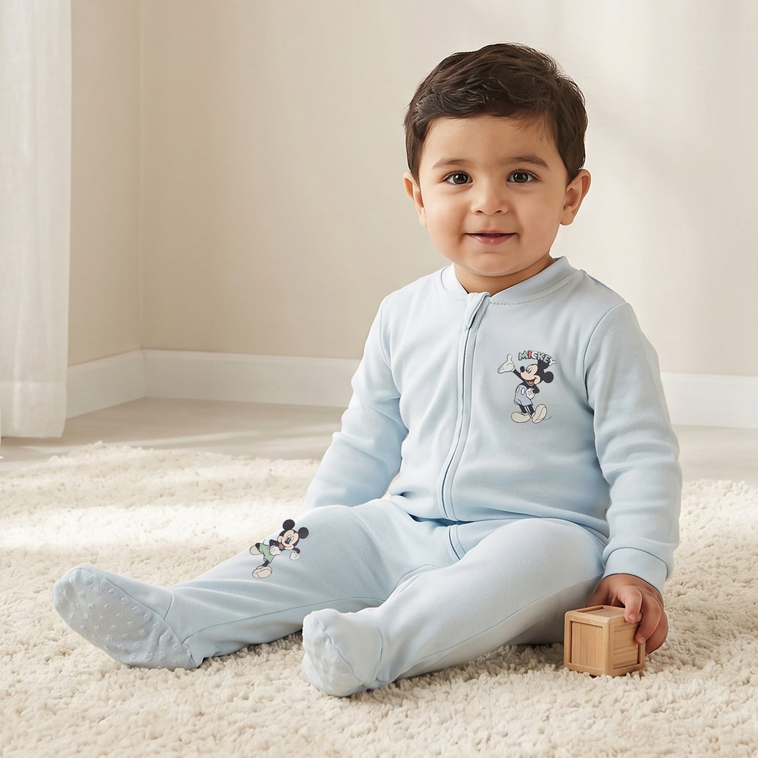 Pack of 3 Disney Cotton Mandarin Collar Long Sleeve Sleepsuit with Mickey Mouse Print