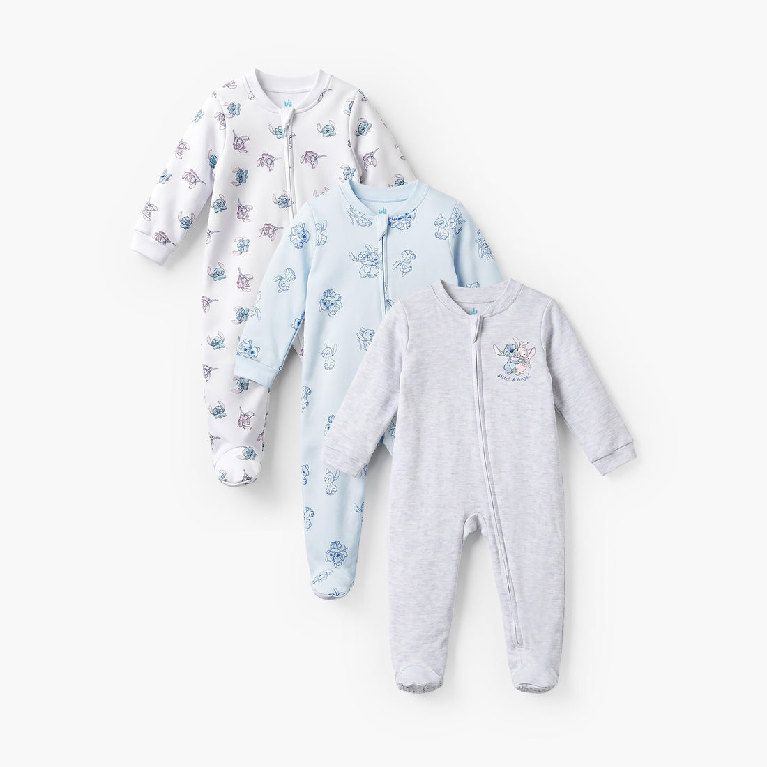 Pack of 3 Disney Cotton Mandarin Collar Long Sleeve Sleepsuit with Stitch and Angel Print - Multicolour / 12-18 mths