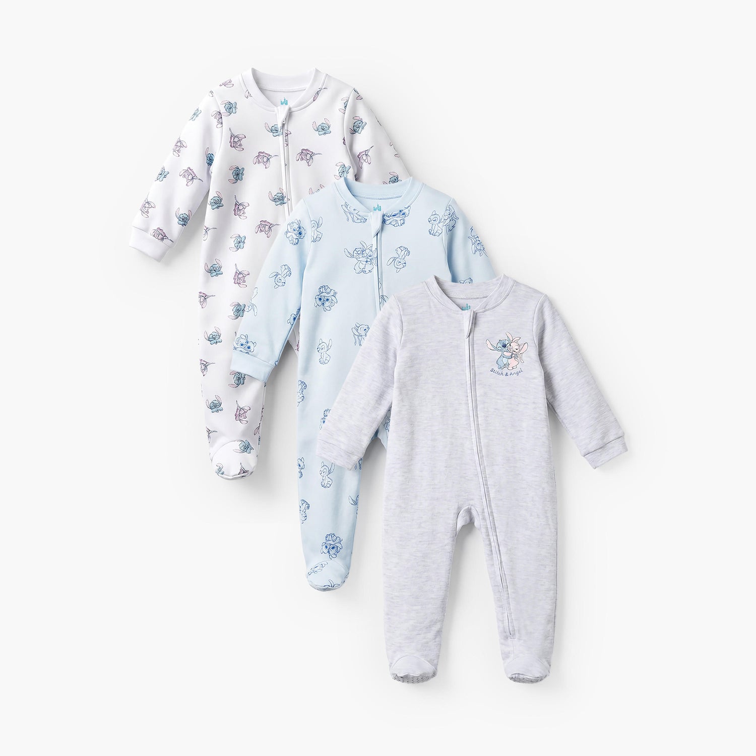 Pack of 3 Disney Cotton Mandarin Collar Long Sleeve Sleepsuit with Stitch and Angel Print - Multicolour / 12-18 mths