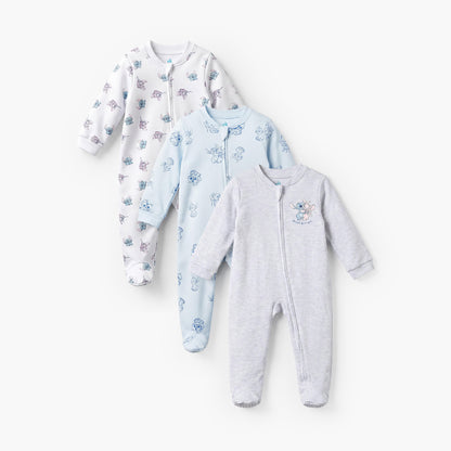 Pack of 3 Disney Cotton Mandarin Collar Long Sleeve Sleepsuit with Stitch and Angel Print - Multicolour / 12-18 mths