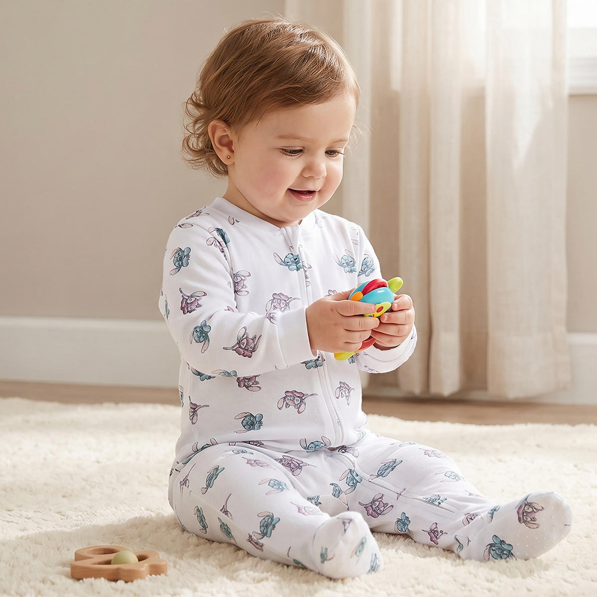 Pack of 3 Disney Cotton Mandarin Collar Long Sleeve Sleepsuit with Stitch and Angel Print