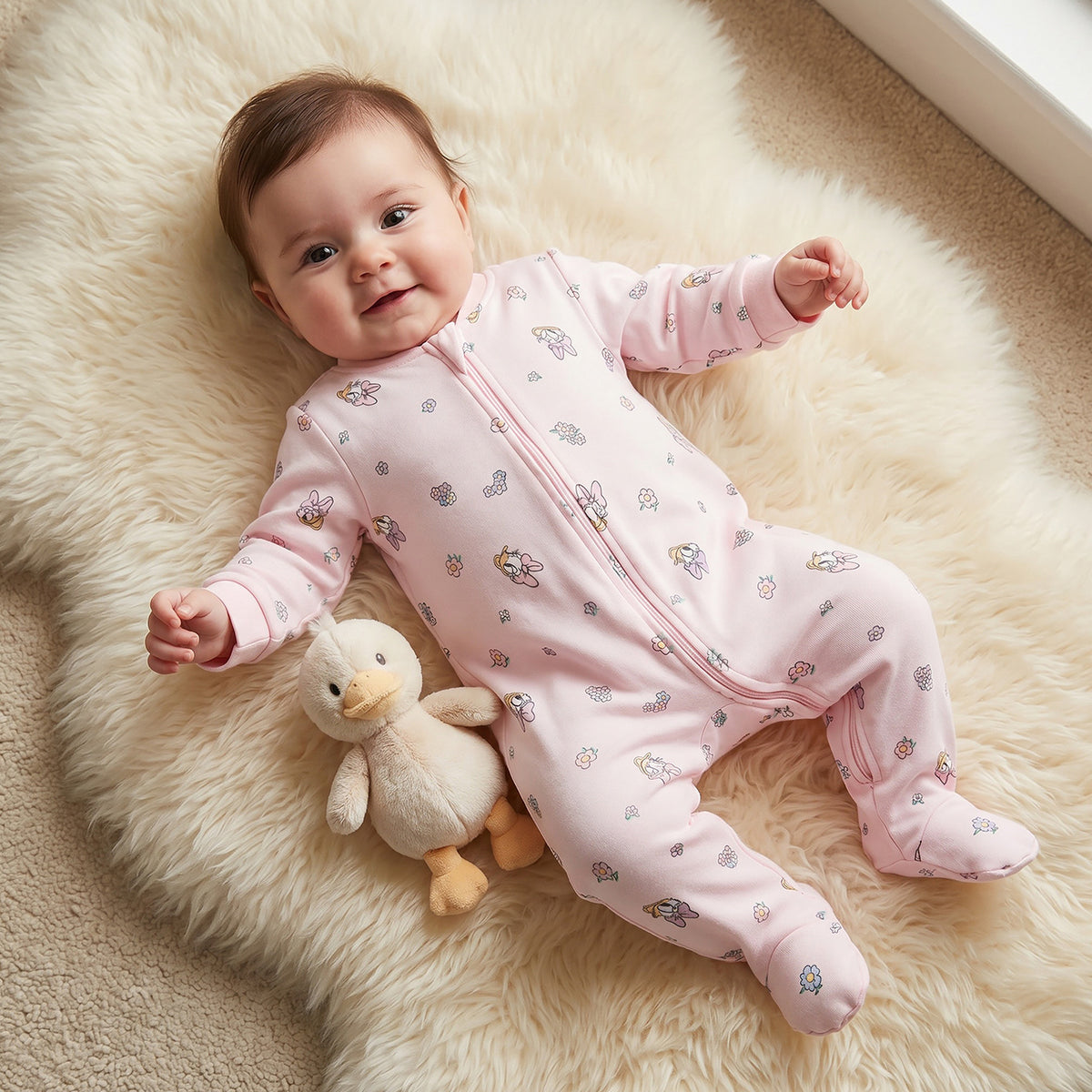 Pack of 3 Disney Cotton Mandarin Collar Long Sleeve Sleepsuit with Daisy Duck Print