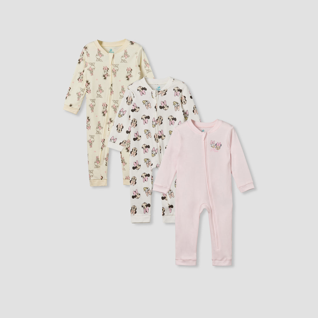 Pack of 3 Disney Cotton Mandarin Collar Long Sleeve Sleepsuit with Minnie Mouse and Daisy Duck Print - Multicolour / 12-18 mths