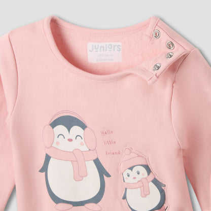 Juniors Pyjama Set with Penguin Applique - Cotton - Long Sleeves - Crew Neck