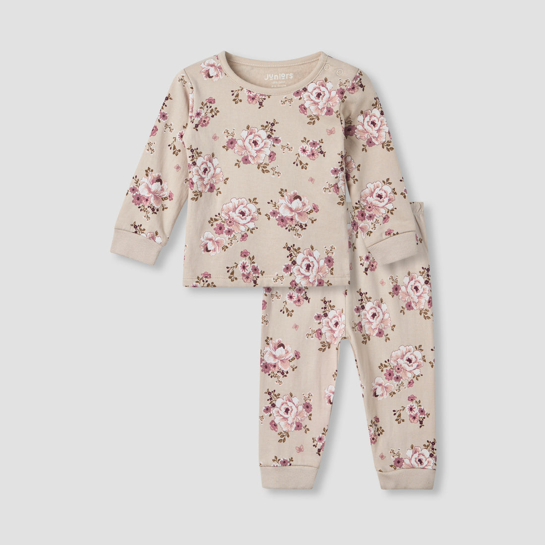 Juniors Pyjama Set with Floral Print - Cotton - Long Sleeves - Round Neck - Brown / 12-18 mths
