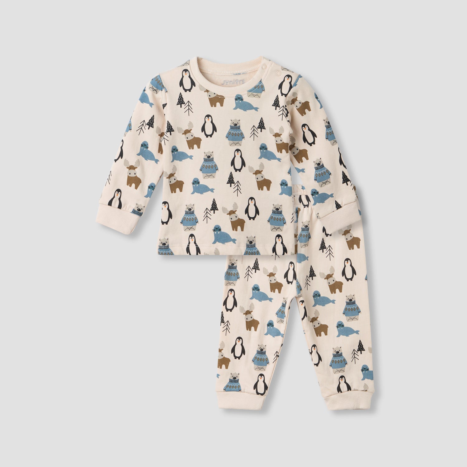 Juniors Pyjama Set with Arctic Animal Print - Cotton - Long Sleeves - Crew Neck - Cream / 18-24 mths