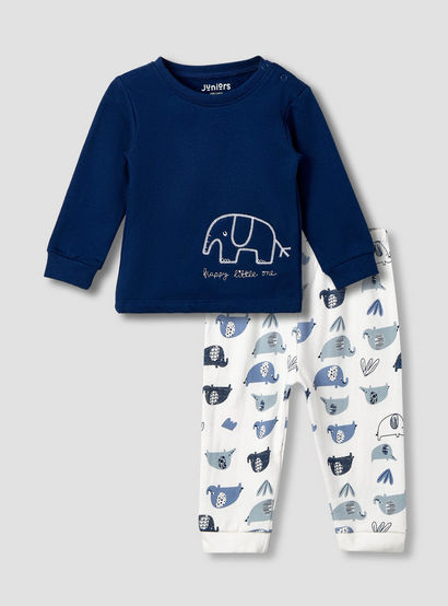 Juniors Elephant Embroidered T-shirt and Pyjama Set-baby-boys-clothing-nightwear-pyjamasets-image-1