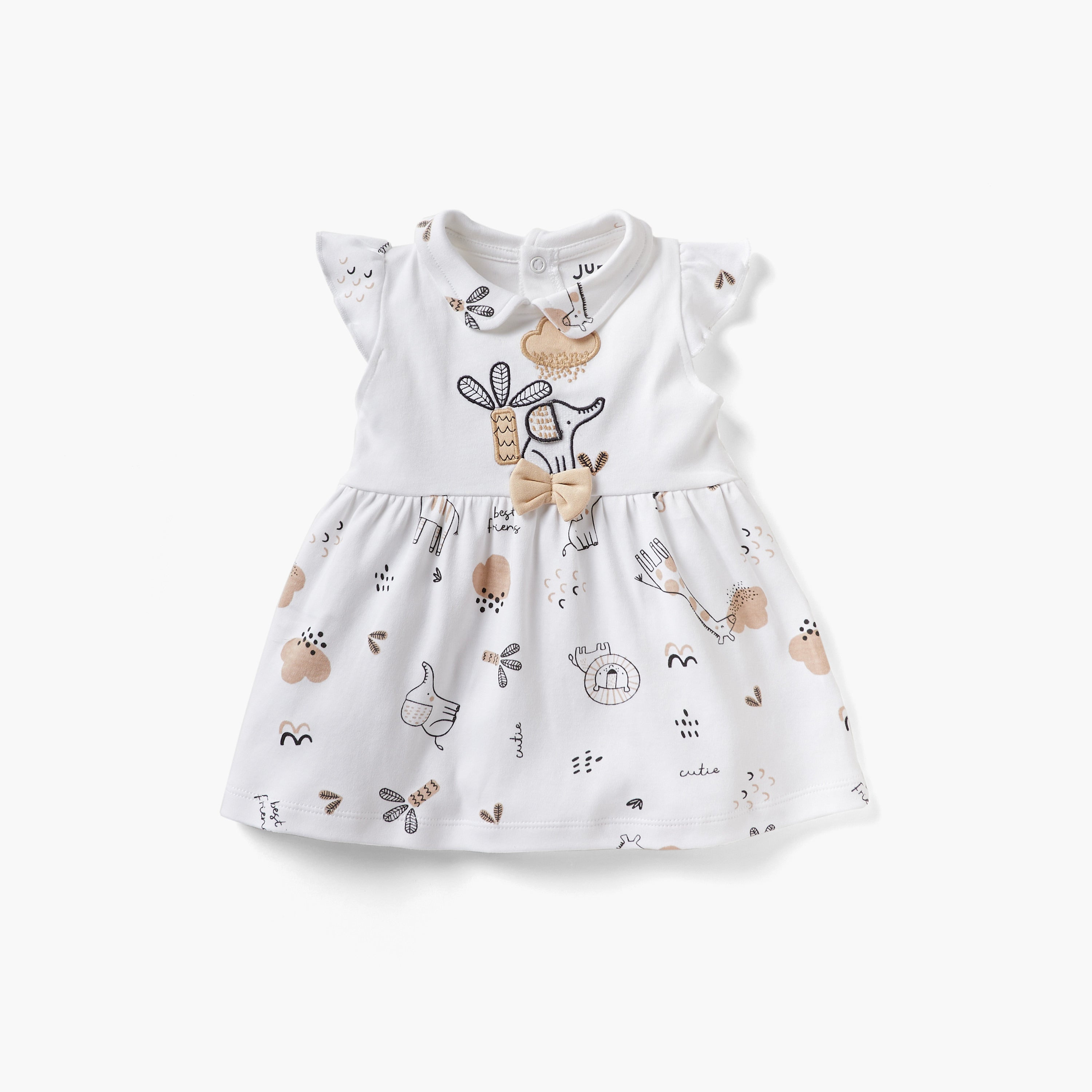 Juniors Animal Print A-line Dress with Collar and Short Sleeves - White / 12-18 mths