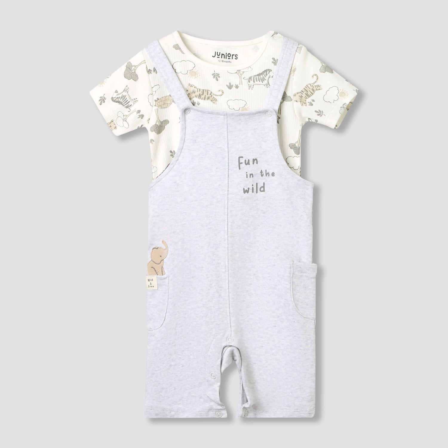 Juniors Boys Dungaree and T-shirt Set with Snap Button Closure - Cotton - Short Sleeve - Round Neck