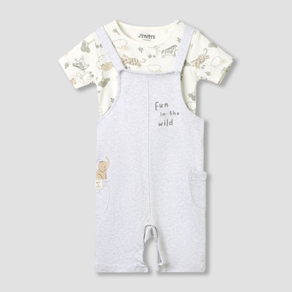 Juniors Boys Dungaree and T-shirt Set with Snap Button Closure - Cotton - Short Sleeve - Round Neck